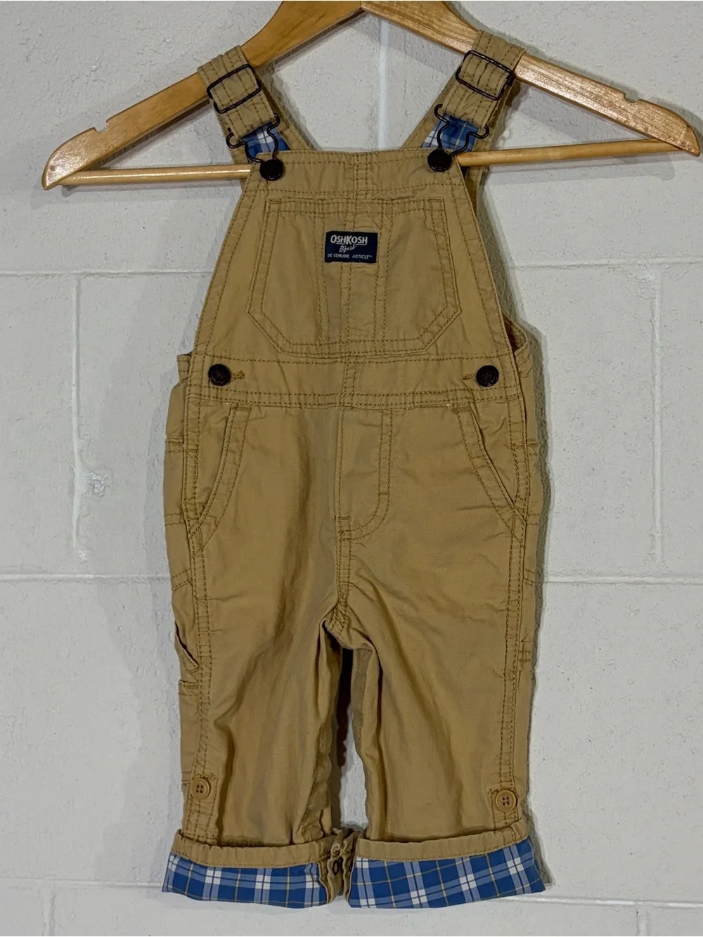 OshKosh B'gosh 12M Beige/Blue 100% Cotton Overall Adjustable One-Piece Pockets